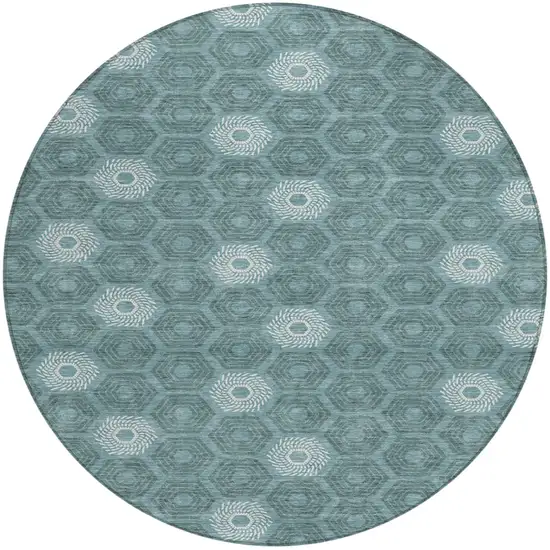 8' Teal Blue And Ivory Round Geometric Washable Indoor Outdoor Area Rug Photo 2
