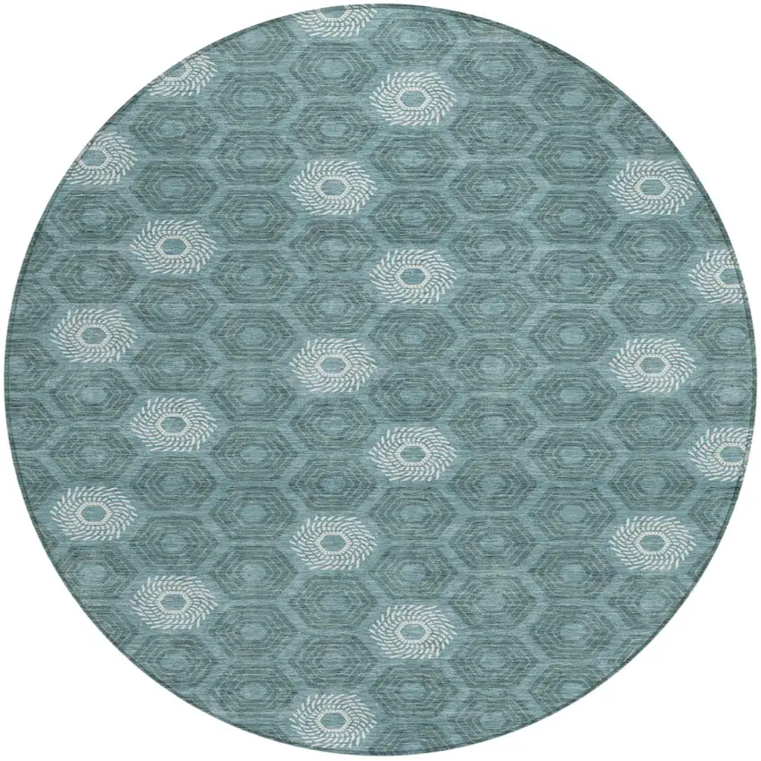 8' Teal Blue And Ivory Round Geometric Washable Indoor Outdoor Area Rug Photo 2