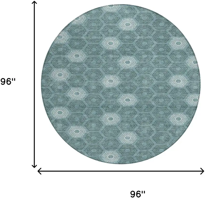 8' Teal Blue And Ivory Round Geometric Washable Indoor Outdoor Area Rug Photo 7