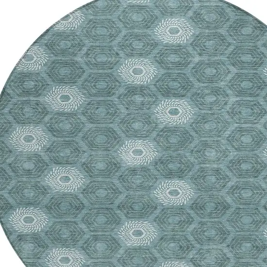 8' Teal Blue And Ivory Round Geometric Washable Indoor Outdoor Area Rug Photo 3