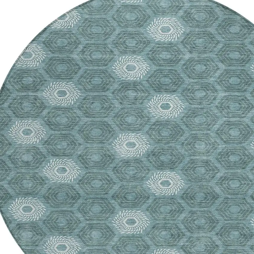 8' Teal Blue And Ivory Round Geometric Washable Indoor Outdoor Area Rug Photo 3