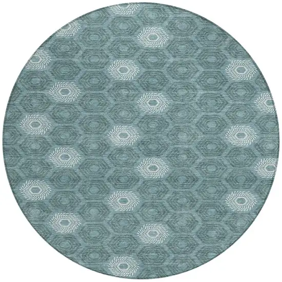 8' Teal Blue And Ivory Round Geometric Washable Indoor Outdoor Area Rug Photo 4