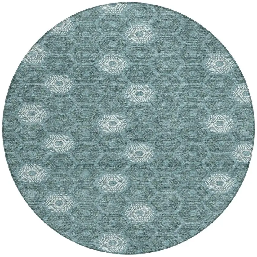 8' Teal Blue And Ivory Round Geometric Washable Indoor Outdoor Area Rug Photo 4