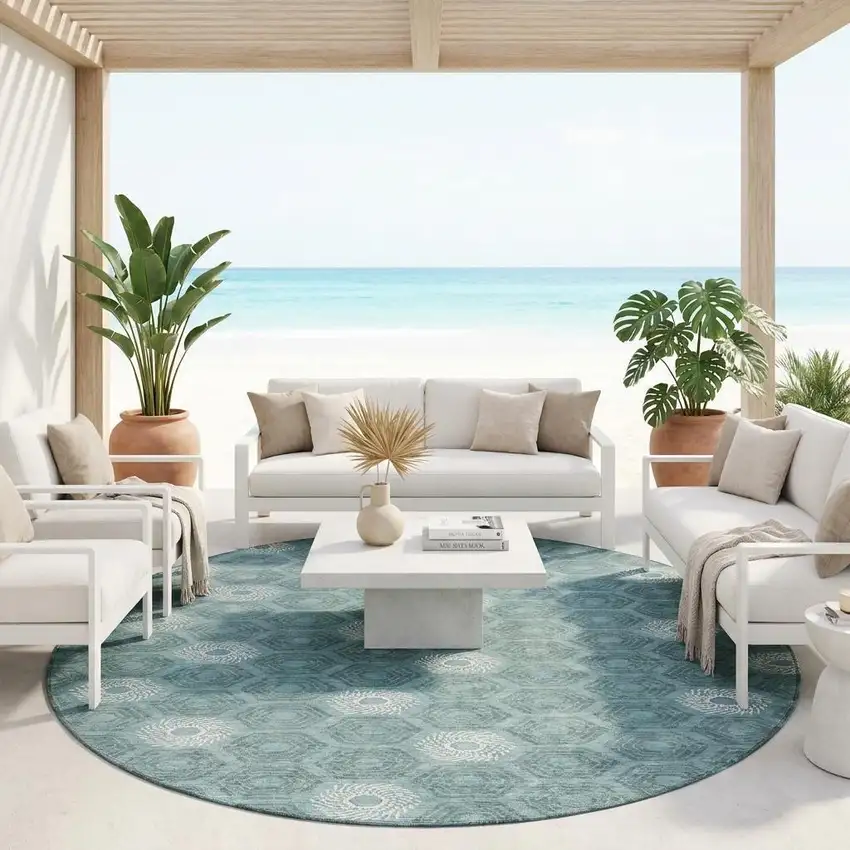 8' Teal Blue And Ivory Round Geometric Washable Indoor Outdoor Area Rug Photo 1