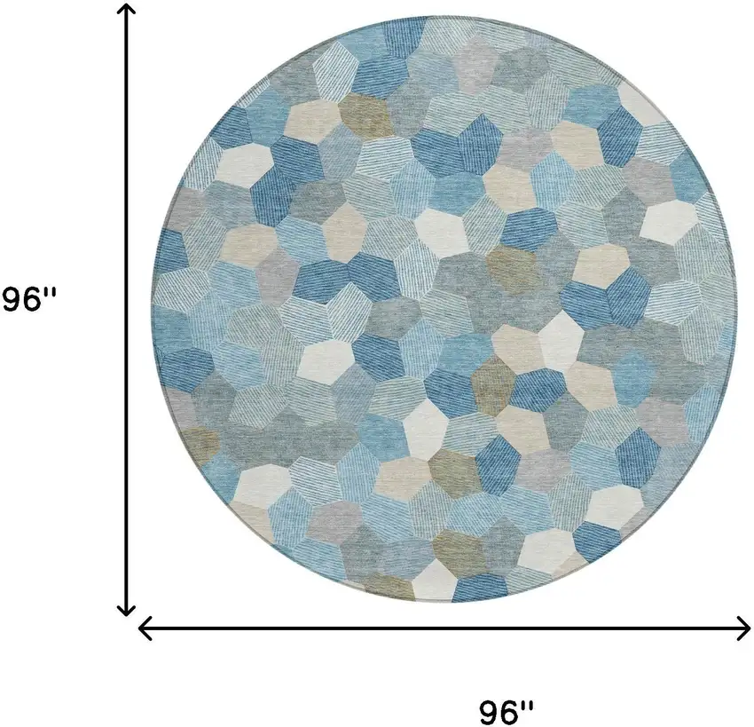 8' Teal Blue And Ivory Round Geometric Washable Indoor Outdoor Area Rug Photo 6