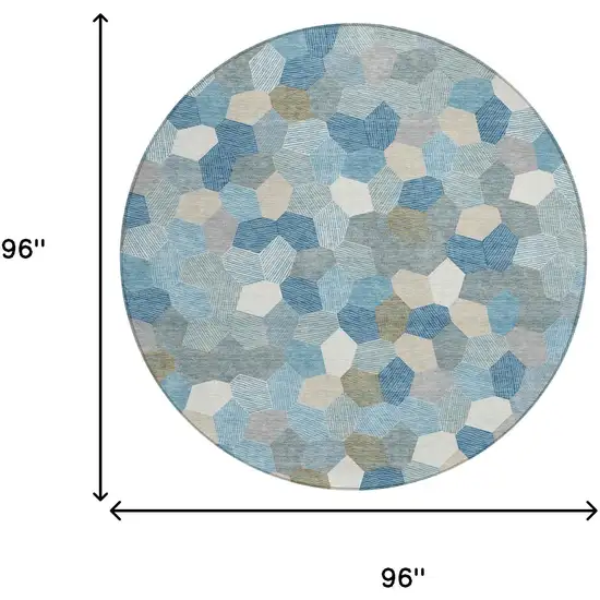 8' Teal Blue And Ivory Round Geometric Washable Indoor Outdoor Area Rug Photo 6
