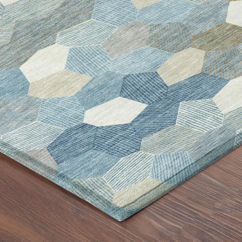 8' Teal Blue And Ivory Round Geometric Washable Indoor Outdoor Area Rug Photo 4
