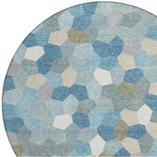 8' Teal Blue And Ivory Round Geometric Washable Indoor Outdoor Area Rug Photo 2