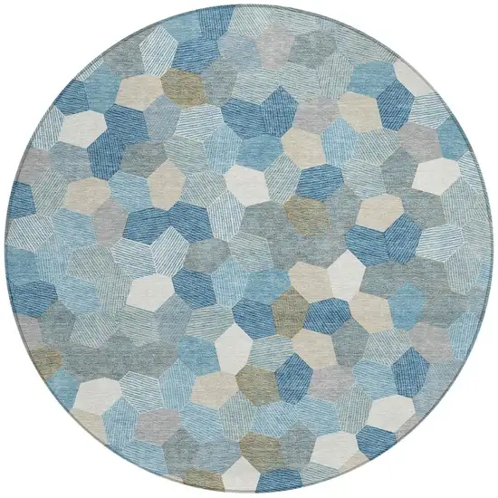 8' Teal Blue And Ivory Round Geometric Washable Indoor Outdoor Area Rug Photo 3