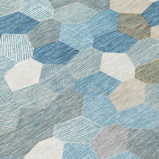 8' Teal Blue And Ivory Round Geometric Washable Indoor Outdoor Area Rug Photo 5