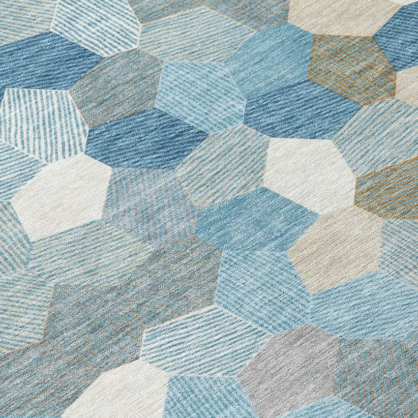 8' Teal Blue And Ivory Round Geometric Washable Indoor Outdoor Area Rug Photo 5