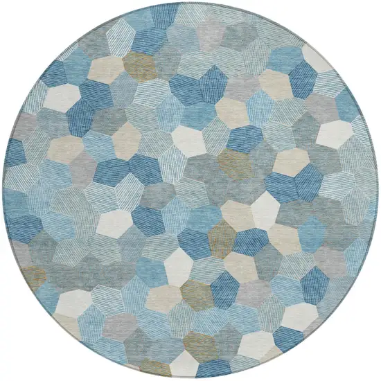 8' Teal Blue And Ivory Round Geometric Washable Indoor Outdoor Area Rug Photo 1