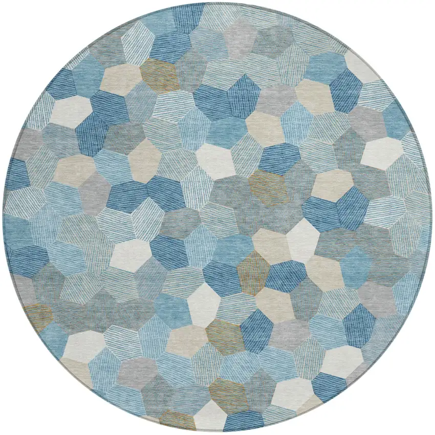 8' Teal Blue And Ivory Round Geometric Washable Indoor Outdoor Area Rug Photo 1