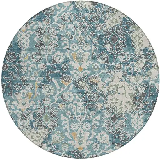 8' Teal Blue And Ivory Round Geometric Washable Indoor Outdoor Area Rug Photo 3