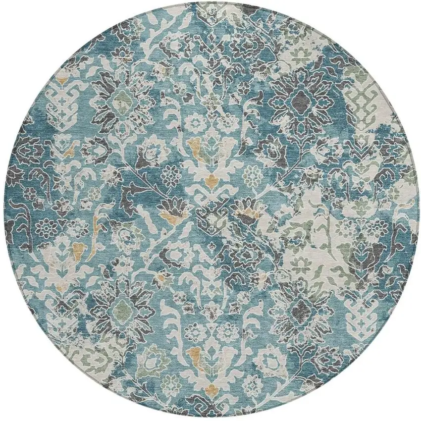 8' Teal Blue And Ivory Round Geometric Washable Indoor Outdoor Area Rug Photo 3