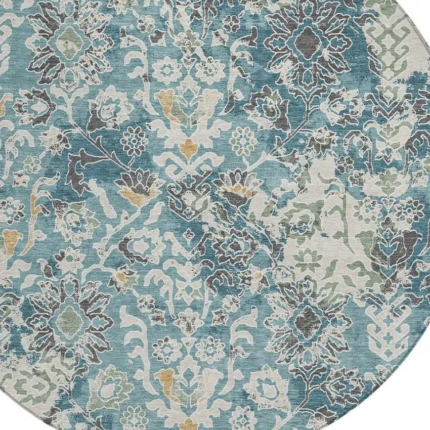 8' Teal Blue And Ivory Round Geometric Washable Indoor Outdoor Area Rug Photo 2