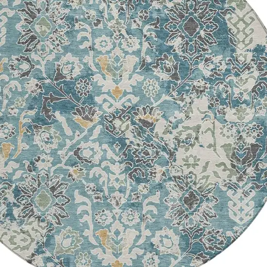 8' Teal Blue And Ivory Round Geometric Washable Indoor Outdoor Area Rug Photo 2