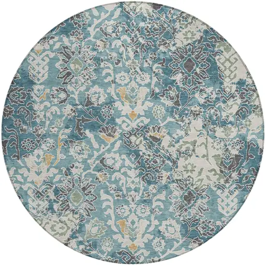 8' Teal Blue And Ivory Round Geometric Washable Indoor Outdoor Area Rug Photo 1