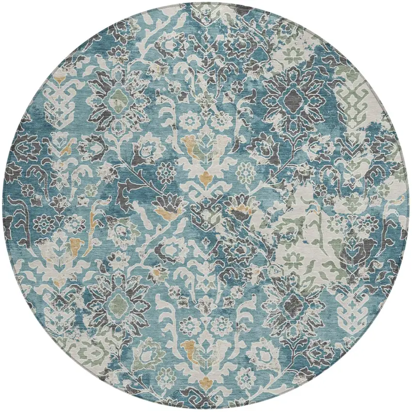 8' Teal Blue And Ivory Round Geometric Washable Indoor Outdoor Area Rug Photo 1