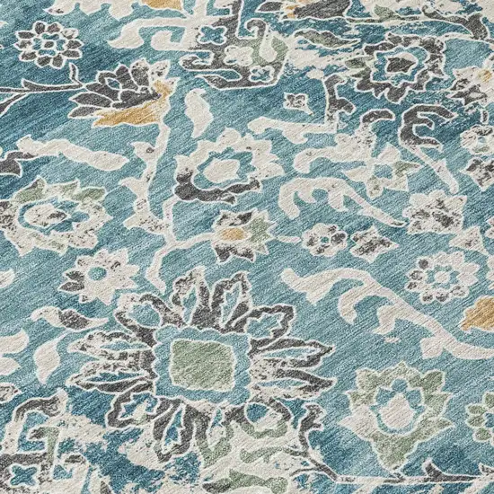 8' Teal Blue And Ivory Round Geometric Washable Indoor Outdoor Area Rug Photo 5