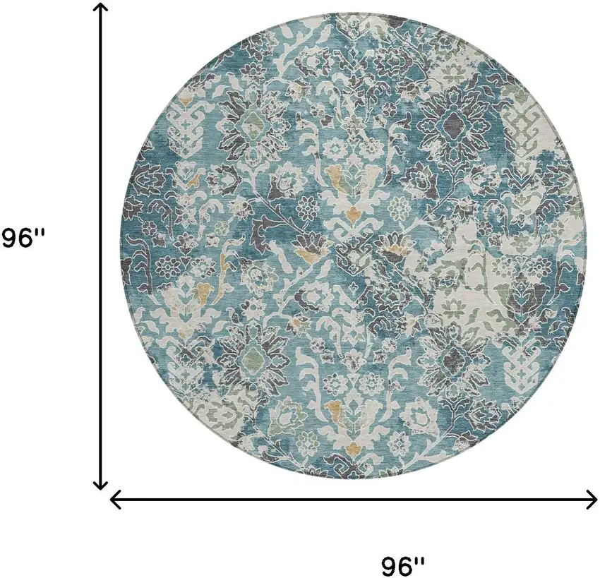 8' Teal Blue And Ivory Round Geometric Washable Indoor Outdoor Area Rug Photo 6