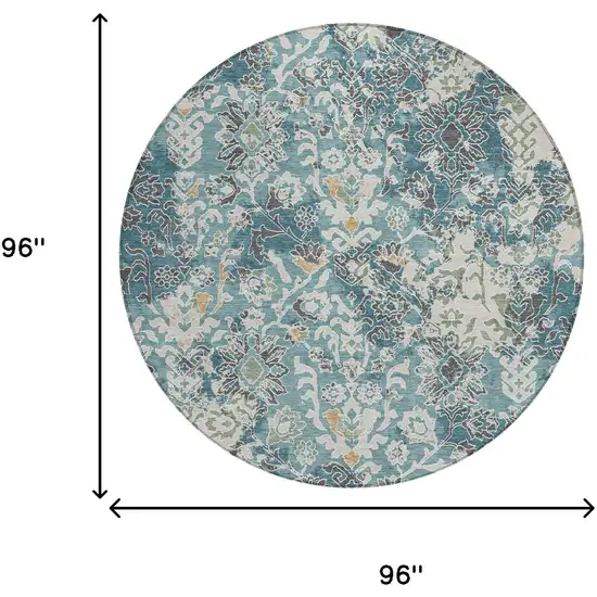8' Teal Blue And Ivory Round Geometric Washable Indoor Outdoor Area Rug Photo 6