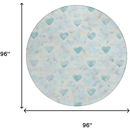 8' Teal Blue And Ivory Round Geometric Washable Indoor Outdoor Area Rug Photo 6