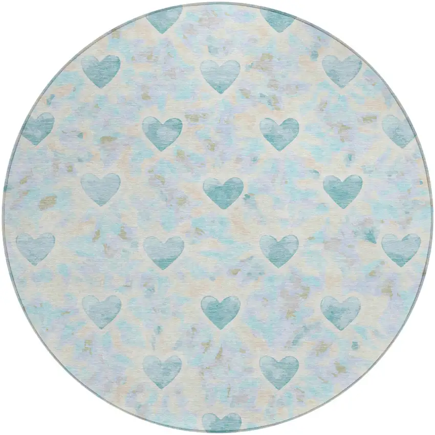 8' Teal Blue And Ivory Round Geometric Washable Indoor Outdoor Area Rug Photo 1