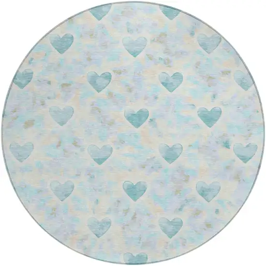 8' Teal Blue And Ivory Round Geometric Washable Indoor Outdoor Area Rug Photo 1