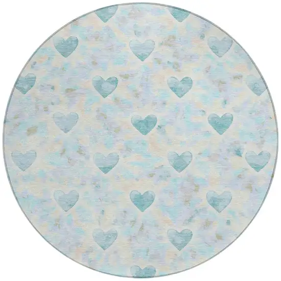8' Teal Blue And Ivory Round Geometric Washable Indoor Outdoor Area Rug Photo 3
