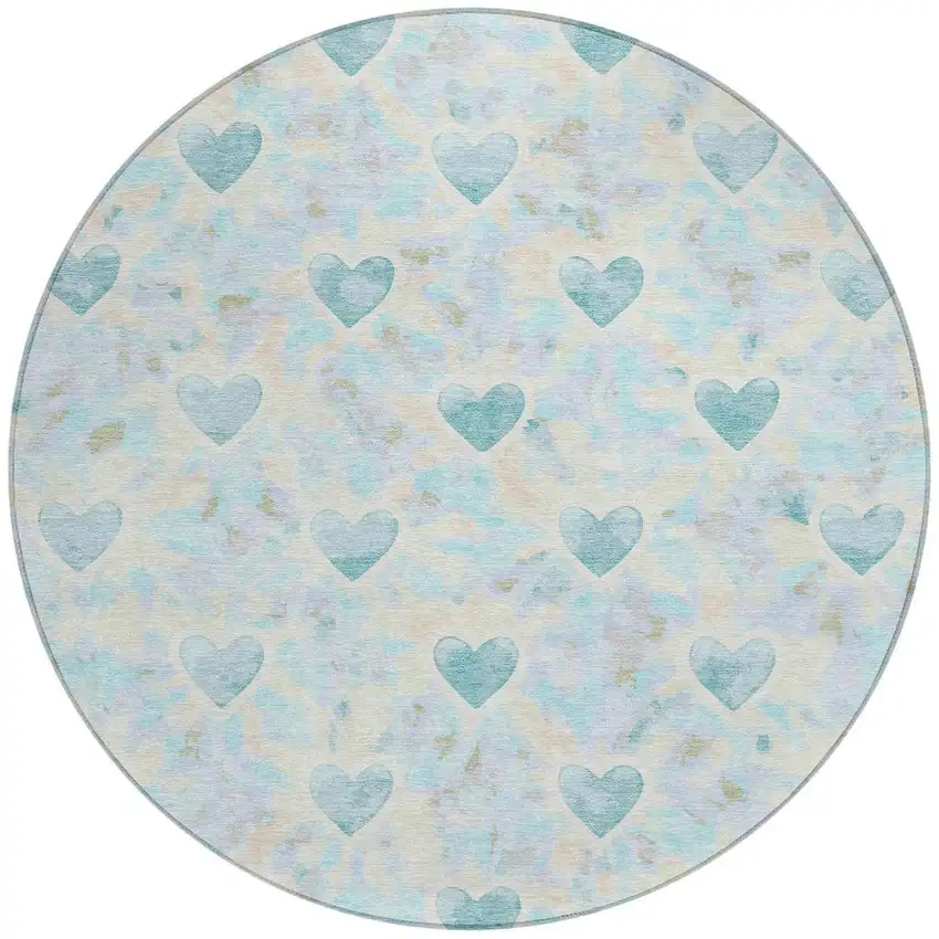 8' Teal Blue And Ivory Round Geometric Washable Indoor Outdoor Area Rug Photo 3