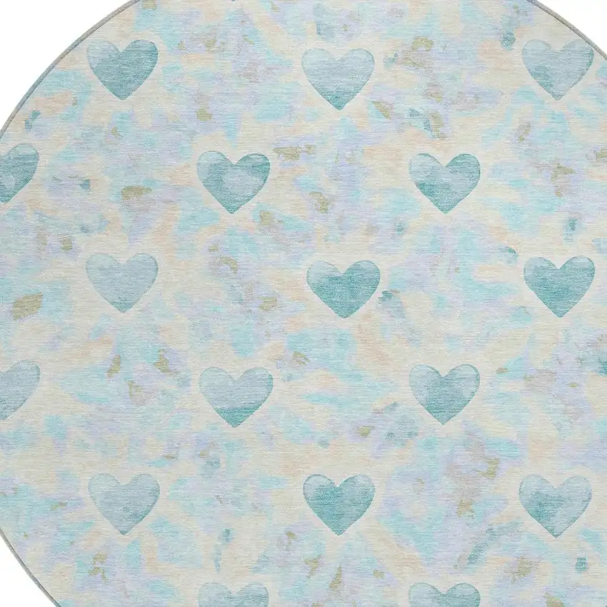 8' Teal Blue And Ivory Round Geometric Washable Indoor Outdoor Area Rug Photo 2