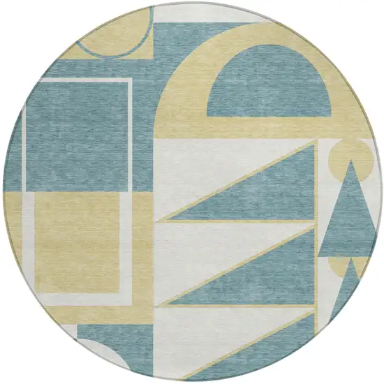 8' Teal Blue And Ivory Round Geometric Washable Indoor Outdoor Area Rug Photo 4