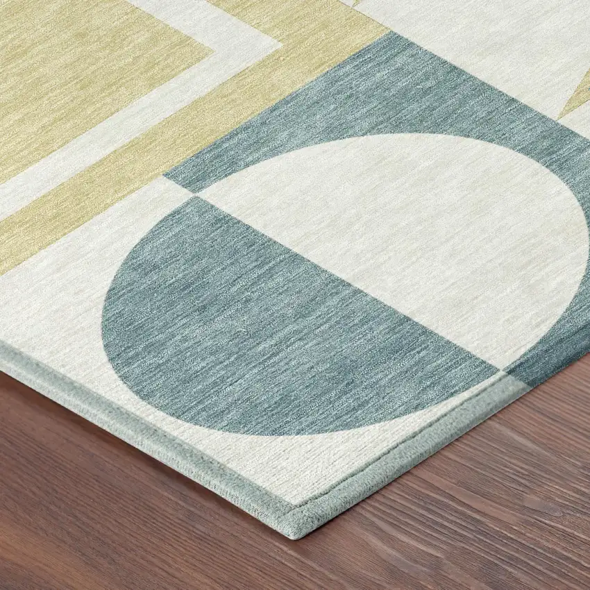 8' Teal Blue And Ivory Round Geometric Washable Indoor Outdoor Area Rug Photo 5