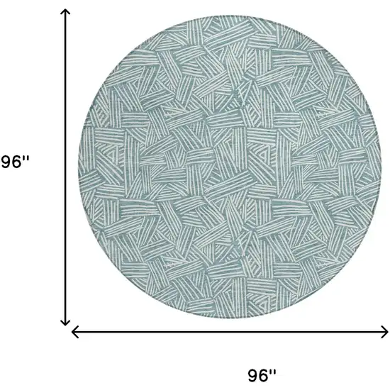 8' Teal Blue And Ivory Round Geometric Washable Indoor Outdoor Area Rug Photo 8