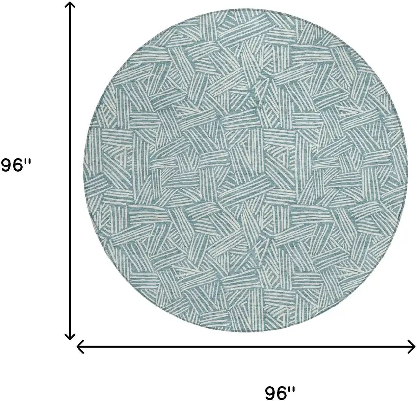8' Teal Blue And Ivory Round Geometric Washable Indoor Outdoor Area Rug Photo 8