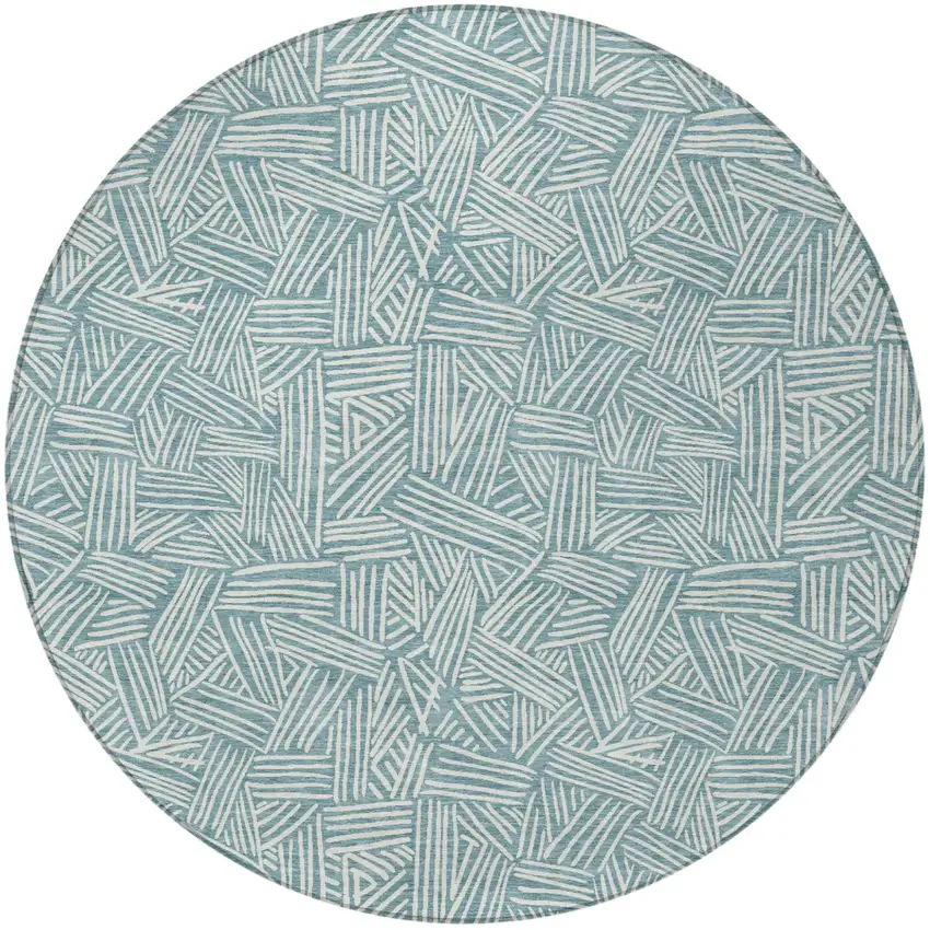 8' Teal Blue And Ivory Round Geometric Washable Indoor Outdoor Area Rug Photo 3