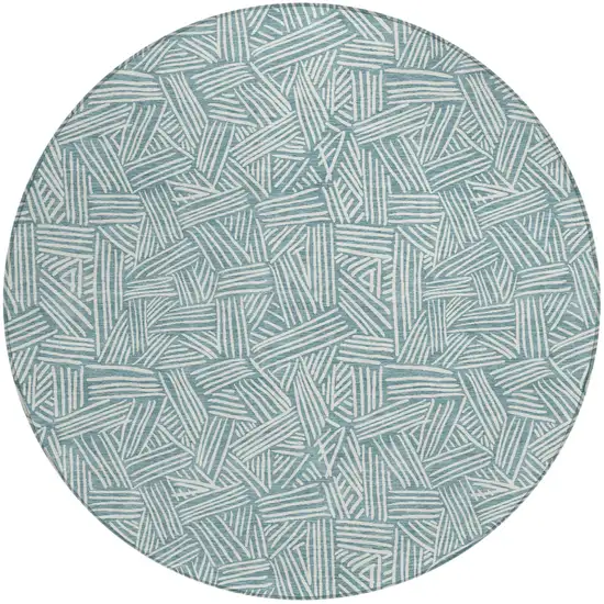 8' Teal Blue And Ivory Round Geometric Washable Indoor Outdoor Area Rug Photo 2