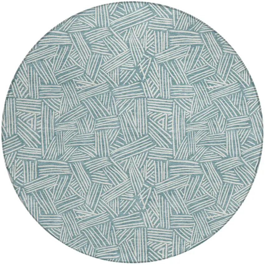 8' Teal Blue And Ivory Round Geometric Washable Indoor Outdoor Area Rug Photo 2