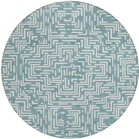 8' Teal Blue And Ivory Round Geometric Washable Indoor Outdoor Area Rug Photo 2