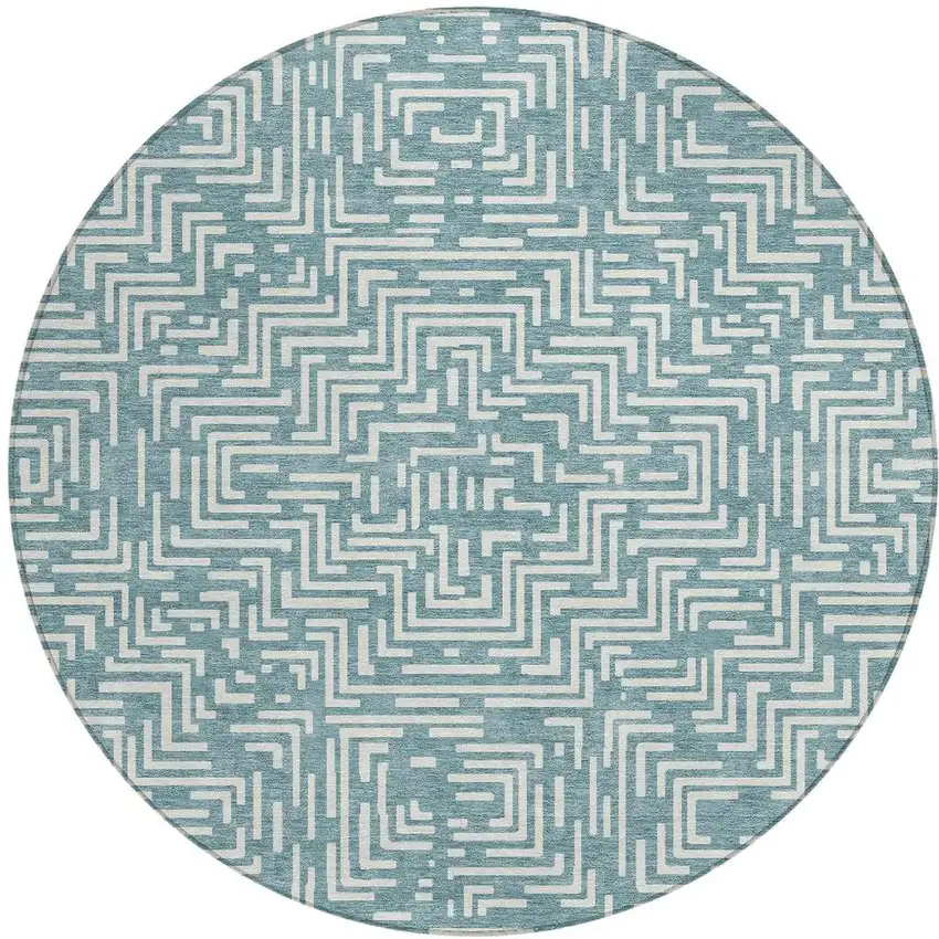 8' Teal Blue And Ivory Round Geometric Washable Indoor Outdoor Area Rug Photo 2