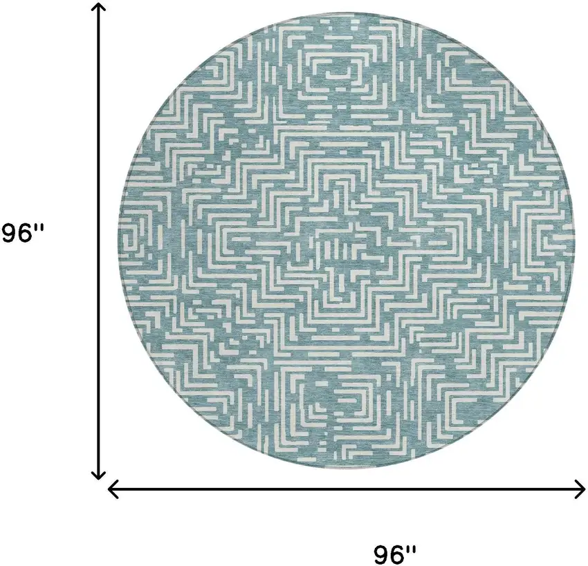 8' Teal Blue And Ivory Round Geometric Washable Indoor Outdoor Area Rug Photo 8