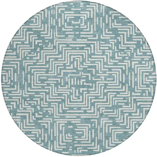 8' Teal Blue And Ivory Round Geometric Washable Indoor Outdoor Area Rug Photo 5