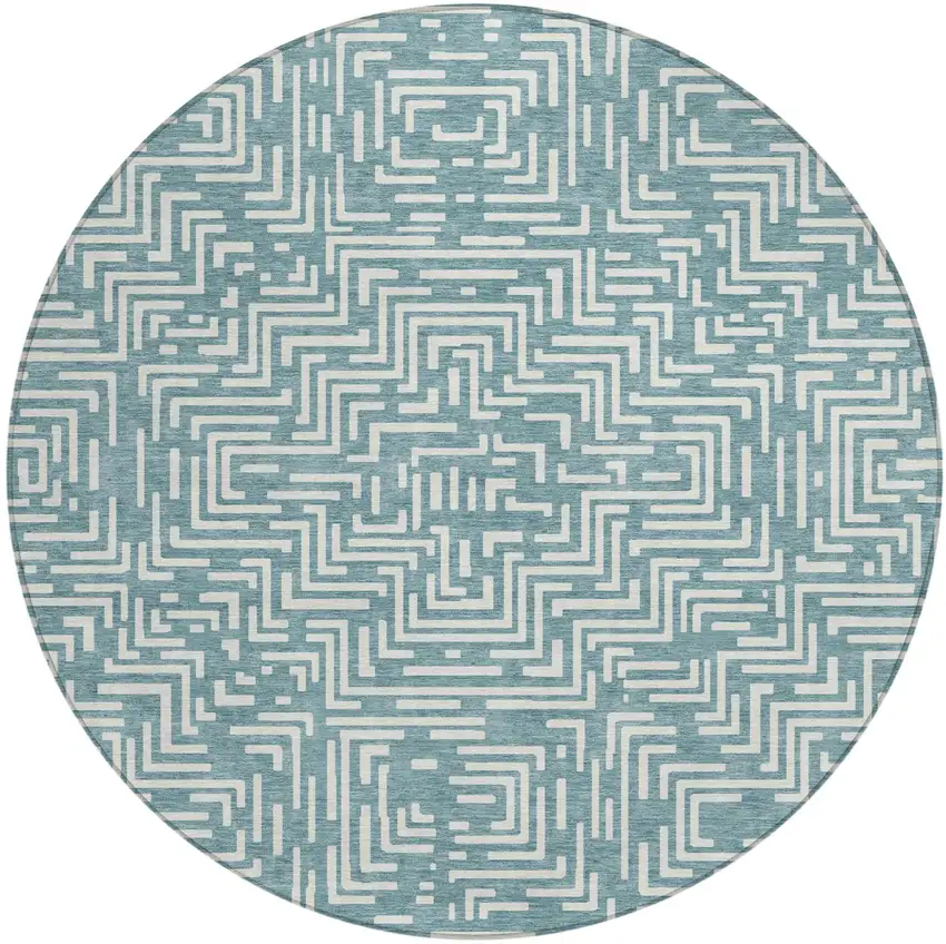 8' Teal Blue And Ivory Round Geometric Washable Indoor Outdoor Area Rug Photo 5