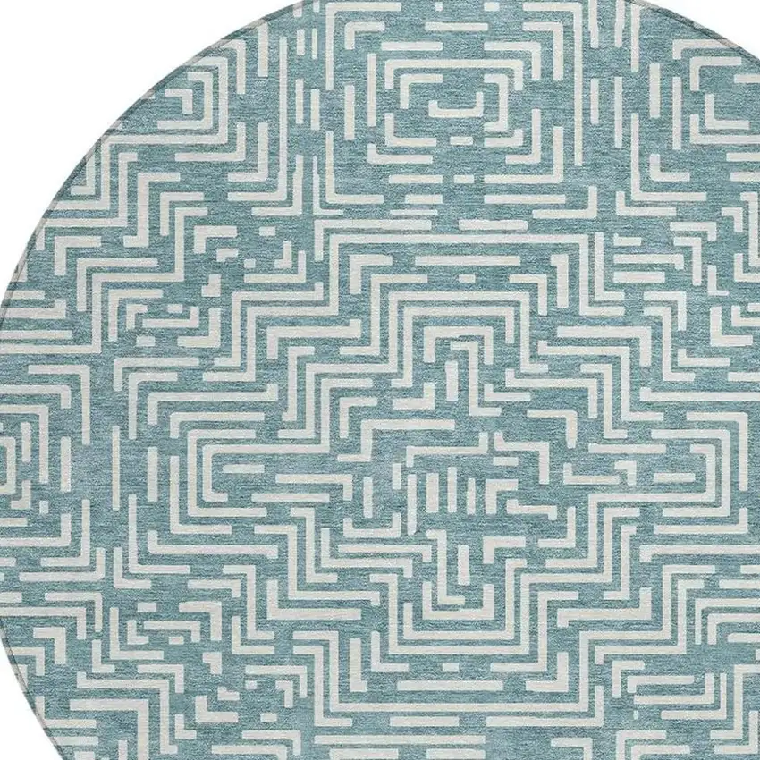 8' Teal Blue And Ivory Round Geometric Washable Indoor Outdoor Area Rug Photo 3