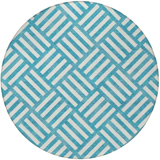 8' Teal Blue And Ivory Round Geometric Washable Indoor Outdoor Area Rug Photo 6