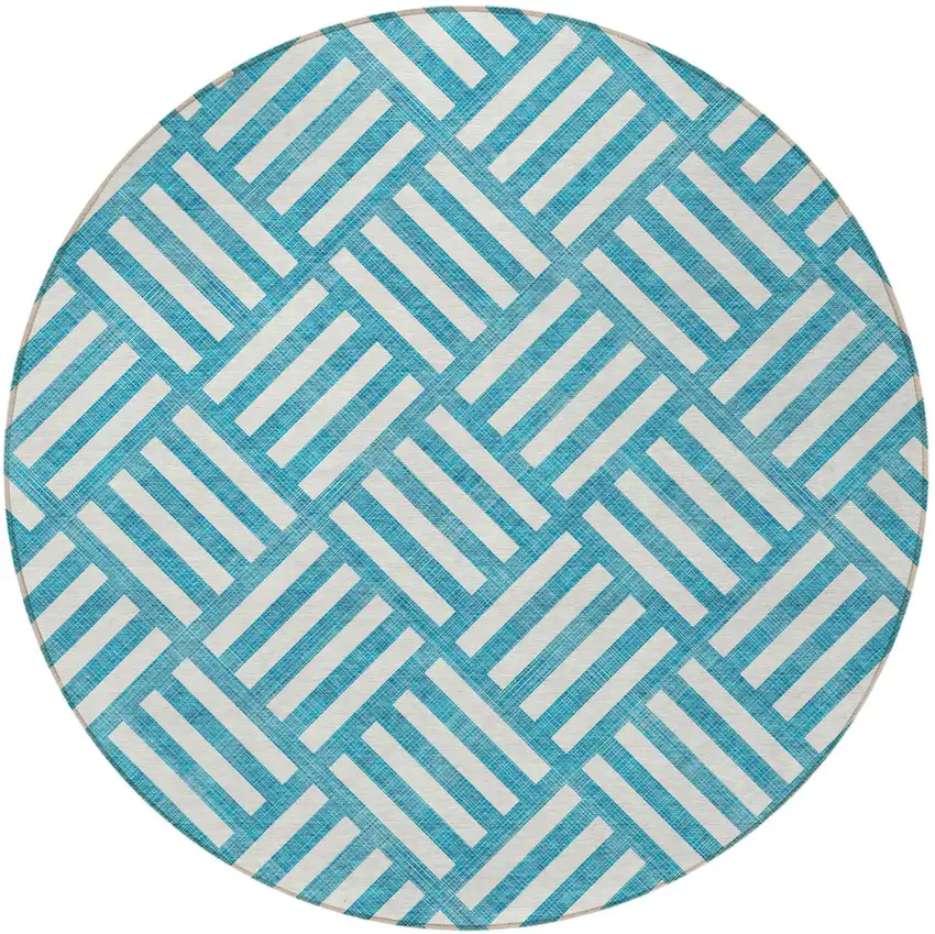 8' Teal Blue And Ivory Round Geometric Washable Indoor Outdoor Area Rug Photo 6