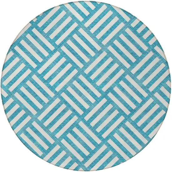 8' Teal Blue And Ivory Round Geometric Washable Indoor Outdoor Area Rug Photo 6