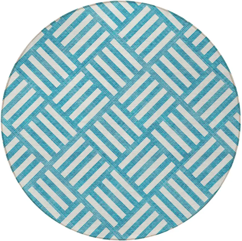 8' Teal Blue And Ivory Round Geometric Washable Indoor Outdoor Area Rug Photo 6