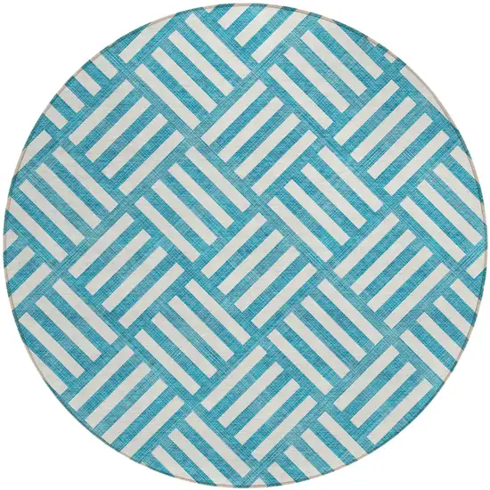8' Teal Blue And Ivory Round Geometric Washable Indoor Outdoor Area Rug Photo 2